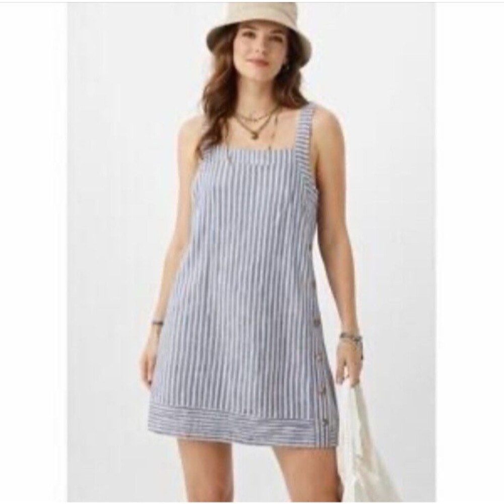 NWT For Cynthia Women's Size S Linen Blend Blue Striped Shift Dress Nautical